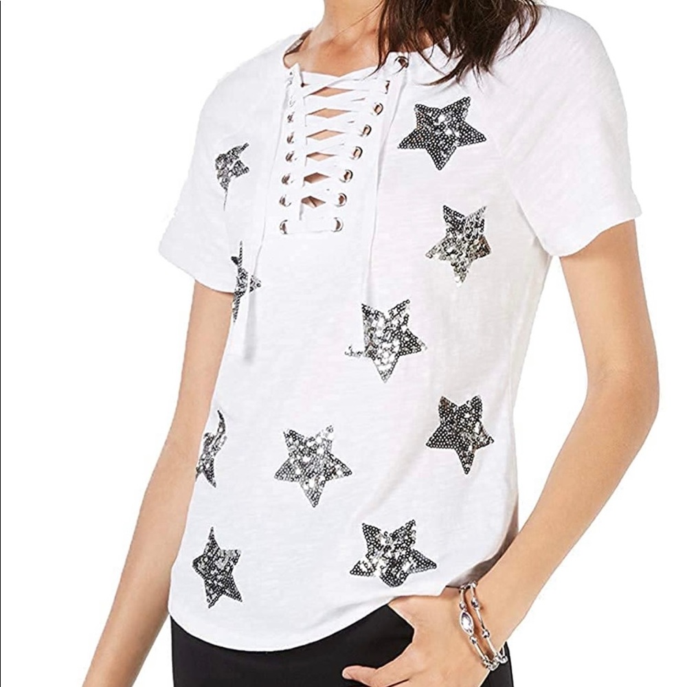 INC Sequin-Star Cotton Lace-Up T-Shirt